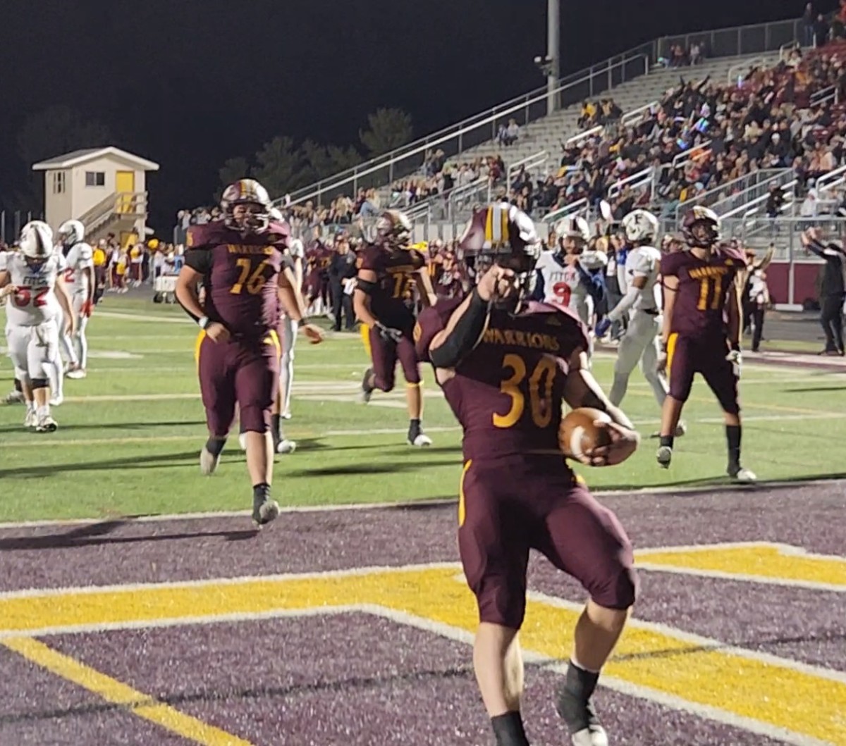 Walsh Jesuit running back Brock Sherman celebrates a touchdown against Austintown Fitch in Walsh's 58-21 win over the Falcons in the Division II, Region 5 regional quarterfinals on November , 2023. Photo credit: Ryan Isley, SBLive Sports.